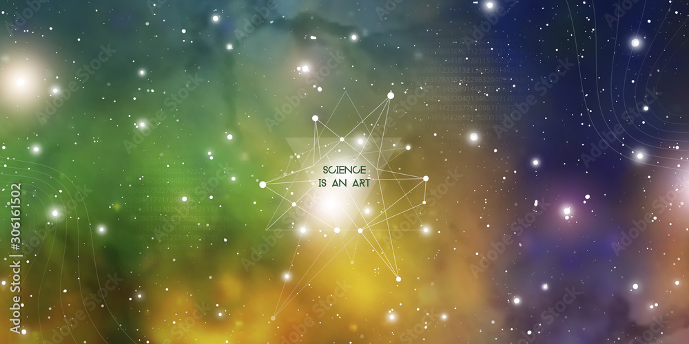 Poster widescreen futuristic technology illustration in front of outer space background with copy space. cy