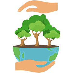 Protecting the ecology of the Earth. Hands protect the Earth with trees from a harmful environment. Vector