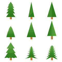 Obraz premium Winter colorful cartoon Christmas tree. Set of abstract Christmas vector trees with toys on a white background.
