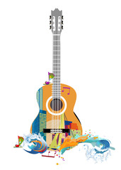Naklejka premium Abstract guitar decorated with city houses and colorful splashes. Hand drawn vector illustration.