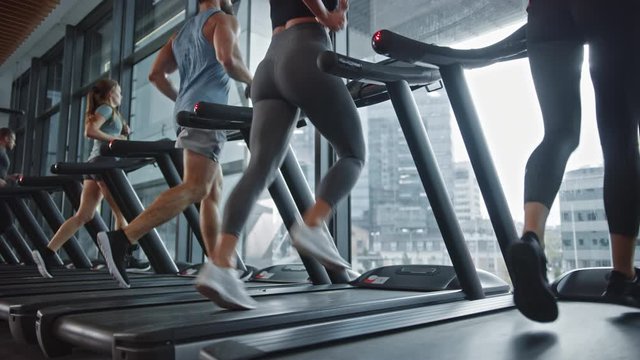 Fit Athletic Woman Walks onto Treadmill and Starts Running, Doing Her Fitness Exercise. Muscular Women and Men Actively Training in the Modern Gym. Low Ground Angle with Side View in Slow Motion