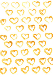 Watercolor background of gold hearts. Hand drawn illustration. Cute template for design romantic greeting card.
