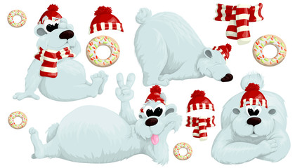 Set of Northern polar bears in caps on a white background in cartoon style