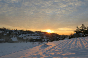 Sunset winter snow landscape in Poland.