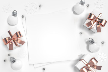 White gift box with rose gold ribbon and christmas ball ornaments with space frame on white background 3d rendering. 3d illustration minimal, celebration christmas and new year sale concept.