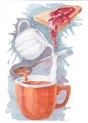 watercolor illustration of a cup with tea cups with milk and toast with jam