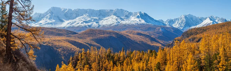 Fotobehang Panoramic autumn view, sunny day, snow-capped peaks. © Valerii