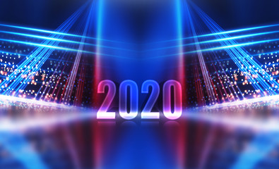 Text 2020 on a dark abstract background. Neon reflection of light. 2020 New Year holidays design...