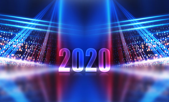 Text 2020 on a dark abstract background. Neon reflection of light. 2020 New Year holidays design template for greeting cards and christmas invitations. - Powered by Adobe
