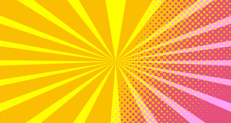 Fototapeta premium Vintage colorful comic book background. Orange Pink blank bubbles of different shapes. Rays, radial, halftone, dotted effects. For sale banner empty Place for text 1960s. Copy space vector eps10.
