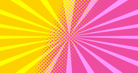 Fototapeta premium Vintage colorful comic book background. Orange Pink blank bubbles of different shapes. Rays, radial, halftone, dotted effects. For sale banner empty Place for text 1960s. Copy space vector eps10.