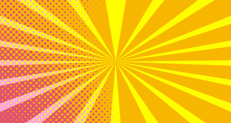 Vintage colorful comic book background. Orange Pink blank bubbles of different shapes. Rays, radial, halftone, dotted effects. For sale banner empty Place for text 1960s. Copy space vector eps10.