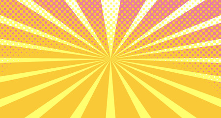 Vintage colorful comic book background. Orange Pink blank bubbles of different shapes. Rays, radial, halftone, dotted effects. For sale banner empty Place for text 1960s. Copy space vector eps10.