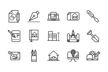 architecture construction tools icons set line