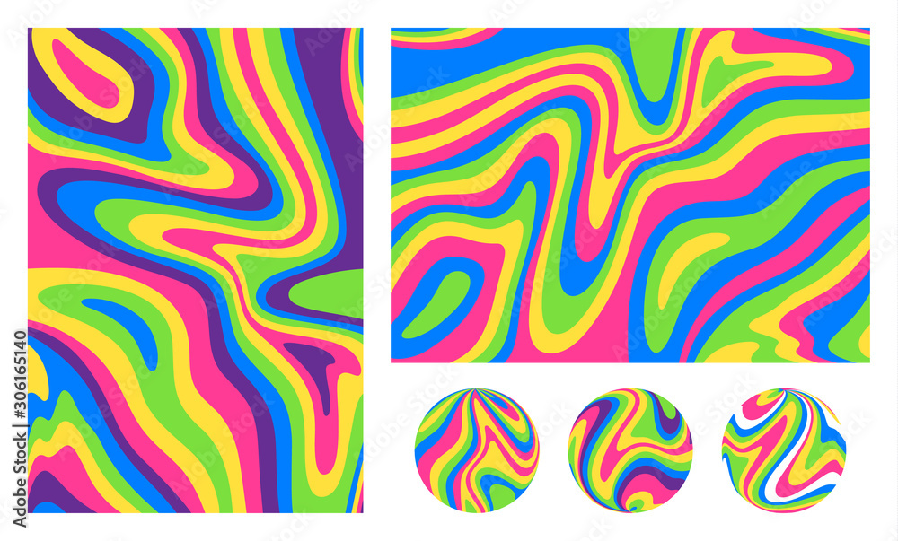 Poster Neon Acid Backgrounds with Flowing Waves. Vector Set of Crazy Psychedelic Patterns. Rainbow Liquid Texture
