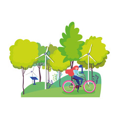 ecology woman riding bike wind turbine and solar panel park