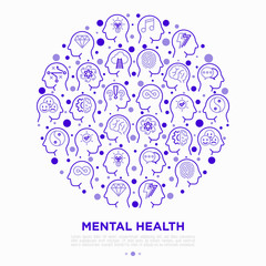 Mental health concept in circle with thin line icons: mental growth, negative thinking, logical plan, obsession, inner dialogue, balance, brilliant thought, self identity. Modern vector illustration.