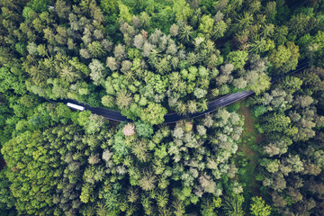 Road in deep forest in green region of Czech Republic. Lonely bus is going on this nice road nearby Kaliště (small village).