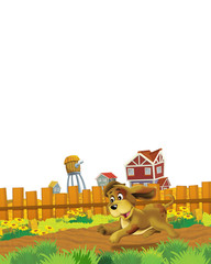 cartoon scene with dog having fun on the farm on white background - illustration for children
