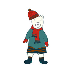 Funny bear dressed in coat, scarf and cap. Cartoon style. Vector illustration for coloring book, stickers, cards