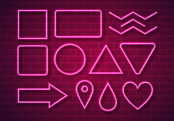 Vector Illustration of Pink Neon Shapes on Brick Wall. Electronic Neon Glowing Frames for Your Text