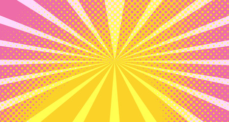 Vintage colorful comic book background. Orange Pink blank bubbles of different shapes. Rays, radial, halftone, dotted effects. For sale banner empty Place for text 1960s. Copy space vector eps10.