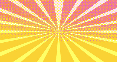 Vintage colorful comic book background. Orange Pink blank bubbles of different shapes. Rays, radial, halftone, dotted effects. For sale banner empty Place for text 1960s. Copy space vector eps10.