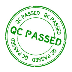 Grunge green QC passed word round rubber seal stamp on white background