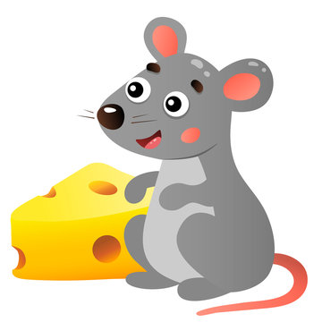 Color image of cartoon mouse with cheese on white background. Vector illustration for kids.