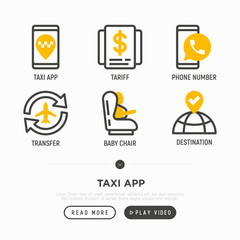 Taxi app thin line icons set: pointer, tariff, phone number, destination, airport transfer, child seat. Vector illustration.