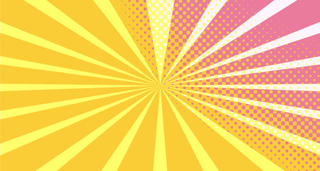 Vintage colorful comic book background. Orange Pink blank bubbles of different shapes. Rays, radial, halftone, dotted effects. For sale banner empty Place for text 1960s. Copy space vector eps10.