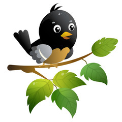 Color image of cartoon bird on branch on white background. Vector illustration for kids.