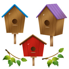 Color images of cartoon birdhouses on white background. Vector illustration set for kids.