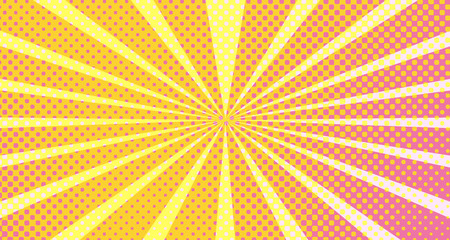Fototapeta premium Vintage colorful comic book background. Orange Pink blank bubbles of different shapes. Rays, radial, halftone, dotted effects. For sale banner empty Place for text 1960s. Copy space vector eps10.