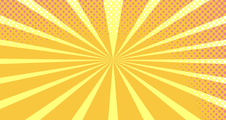 Vintage colorful comic book background. Orange Pink blank bubbles of different shapes. Rays, radial, halftone, dotted effects. For sale banner empty Place for text 1960s. Copy space vector eps10.