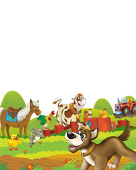 Obraz na płótnie Canvas cartoon scene with dog having fun on the farm on white background - illustration for children
