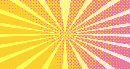 Vintage colorful comic book background. Orange Pink blank bubbles of different shapes. Rays, radial, halftone, dotted effects. For sale banner empty Place for text 1960s. Copy space vector eps10.