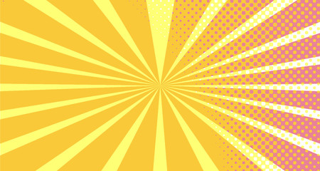 Fototapeta premium Vintage colorful comic book background. Orange Pink blank bubbles of different shapes. Rays, radial, halftone, dotted effects. For sale banner empty Place for text 1960s. Copy space vector eps10.