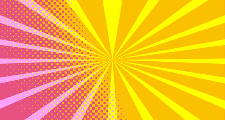 Vintage colorful comic book background. Orange Pink blank bubbles of different shapes. Rays, radial, halftone, dotted effects. For sale banner empty Place for text 1960s. Copy space vector eps10.