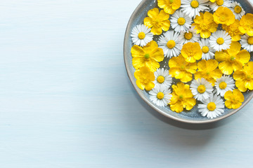 Obraz na płótnie Canvas Bowl with water and flowers.