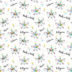 Cute Unicorn Cat Head with Floral Wreath and Lettering Seamless Pattern for Kids. Magic Caticorn, Kittycorn Nursery Wallpaper. Magical Kitten Face with Unicorn Horn and Flower Crown Vector Background