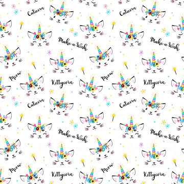 Cute Unicorn Cat Head with Floral Wreath and Lettering Seamless Pattern for Kids. Magic Caticorn, Kittycorn Nursery Wallpaper. Magical Kitten Face with Unicorn Horn and Flower Crown Vector Background