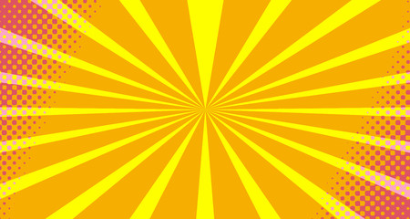 Vintage colorful comic book background. Orange Pink blank bubbles of different shapes. Rays, radial, halftone, dotted effects. For sale banner empty Place for text 1960s. Copy space vector eps10.