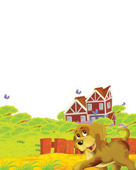 Fototapeta na wymiar cartoon scene with dog having fun on the farm on white background - illustration for children