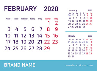 February 2020 Calendar Design. Vector template