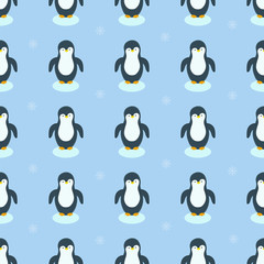 Vector pattern with penguins and snowflakes in winter season. Light blue background. Happy New Year. Winter and New Year print design.