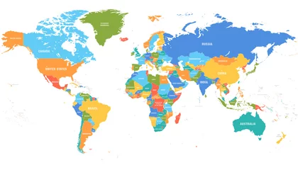 Farbige Weltkarte. Politische Karten, bunte Weltländer und Ländernamen. Geographie-Politikkarte, Weltlandatlas oder Planetenkartographie-Vektorillustration © FourLeafLover