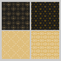 Set of 4 seamless patterns, background wallpapers, design patterns. Vintage, royal style. Floral patterns. Image colors: black, gold, white. Graphic design templates, backgrounds vector set.