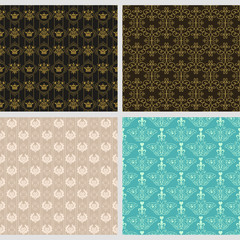 Set of 4 background wallpapers in vintage style for your design. Floral patterns. Colors image: black, white, pink, brown, gold. Graphic design templates, background seamless patterns. Vector set.