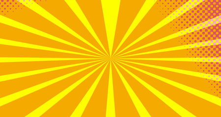 Vintage colorful comic book background. Orange Pink blank bubbles of different shapes. Rays, radial, halftone, dotted effects. For sale banner empty Place for text 1960s. Copy space vector eps10.